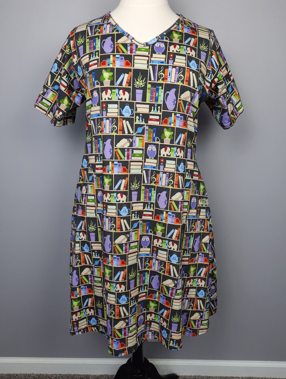 Svaha Cotton Book Print Short Sleeve Teacher Librarian Dress with Pockets 2X